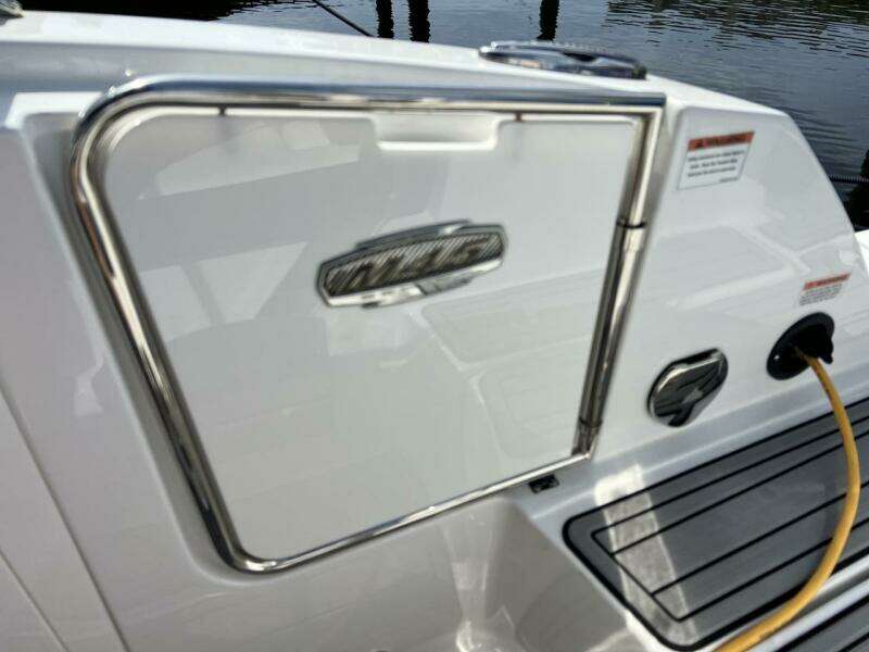 Close-up of 2022 Monterey M-45 boat's rear storage compartment.