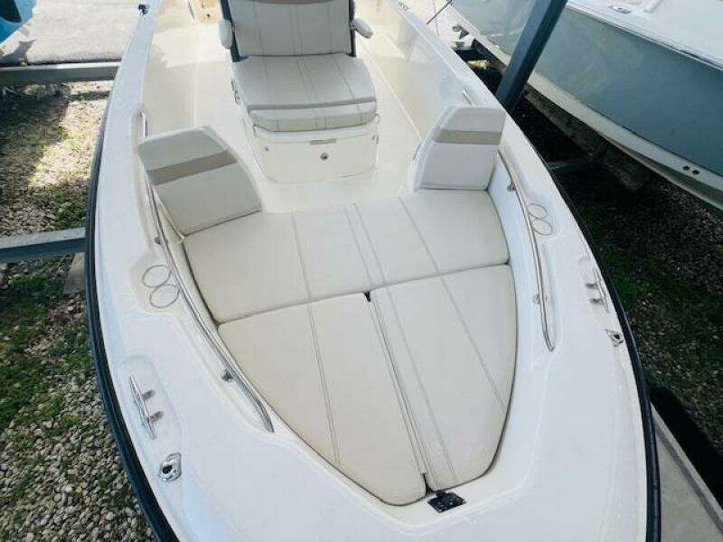 2023 Boston Whaler 250 Dauntless boat interior with cushioned seating and spacious deck.