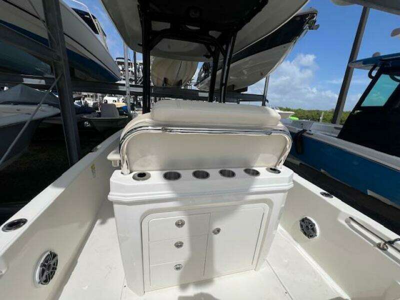 2023 Boston Whaler 250 Dauntless boat interior with seating and storage compartments.