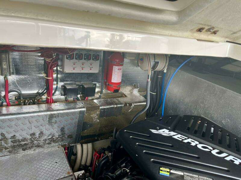 Engine compartment of a 2003 Regal Commodore 3860 boat with Mercury engine.