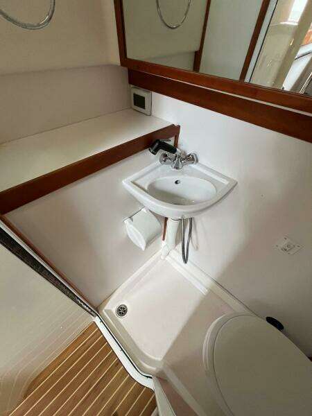 Compact bathroom in 2013 Sabre 48 Salon Express yacht with sink and shower.