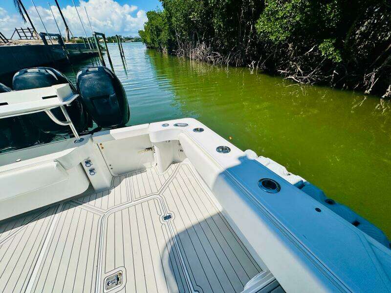 2000 Luhrs Tournament 320 Open boat docked in a serene, green waterway.