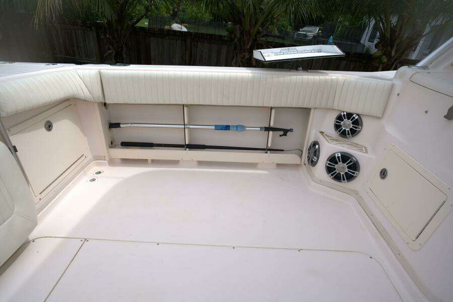 2007 Grady-White Express 330 boat interior with seating and speakers.