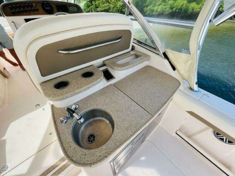 2014 Grady-White Freedom 335 boat interior with sink and countertop.