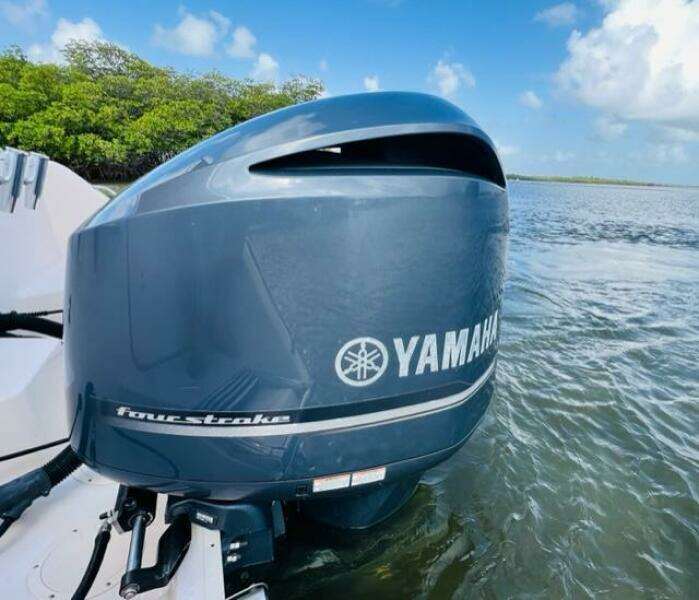 Yamaha four-stroke outboard motor on a 2014 Grady-White Freedom 335 boat.