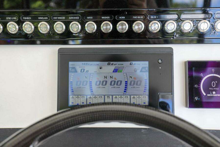 Control panel of a 2020 Regulator 41 boat with digital display and buttons.