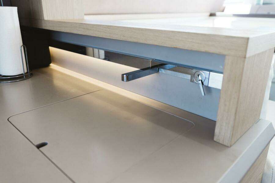 Beneteau Monte Carlo 5 yacht interior detail, 2015 model, featuring sleek modern cabinetry.