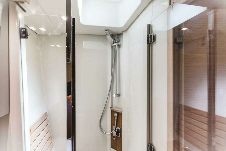 Luxurious shower area in 2015 Beneteau Monte Carlo 5 yacht.