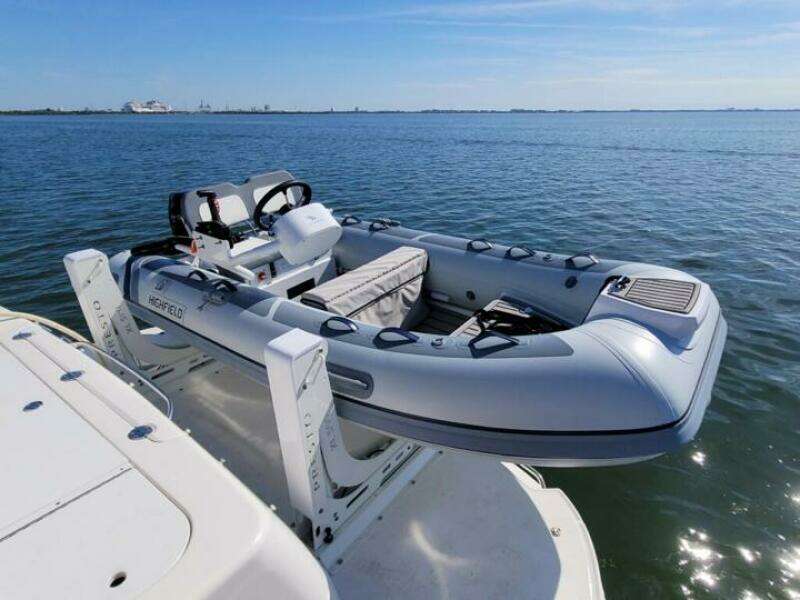 Inflatable dinghy on a 2006 Sea Ray 52 Sedan Bridge yacht.