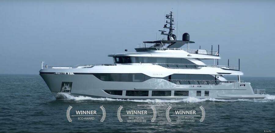 Majesty 120 yacht 2025 cruising, award-winning design, luxury vessel on open sea.