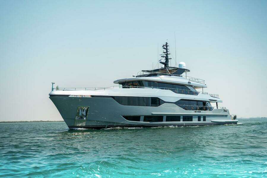 Luxury 2025 Majesty 120 yacht cruising on open water.