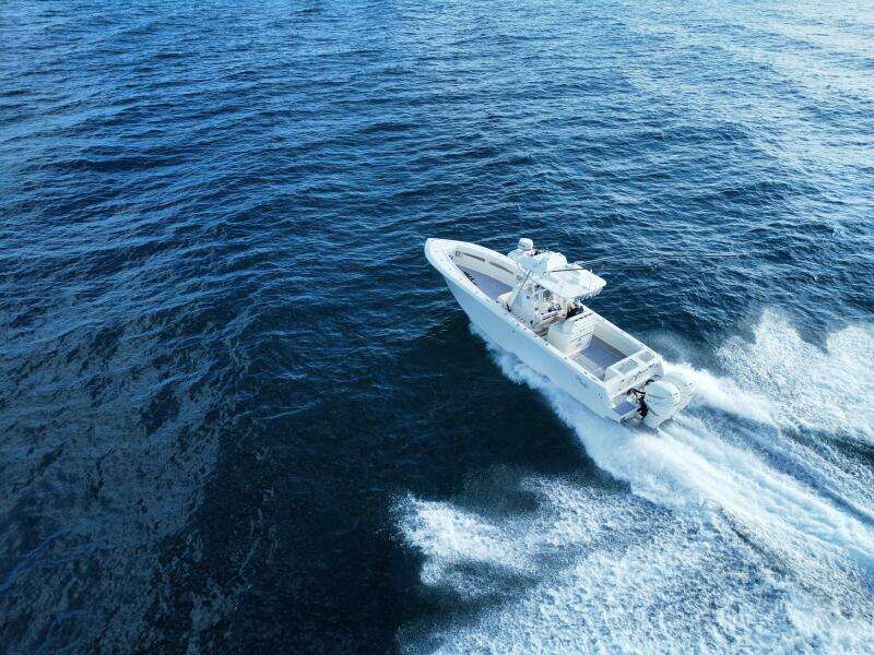2017 SeaVee 340Z boat cruising on open ocean waters.