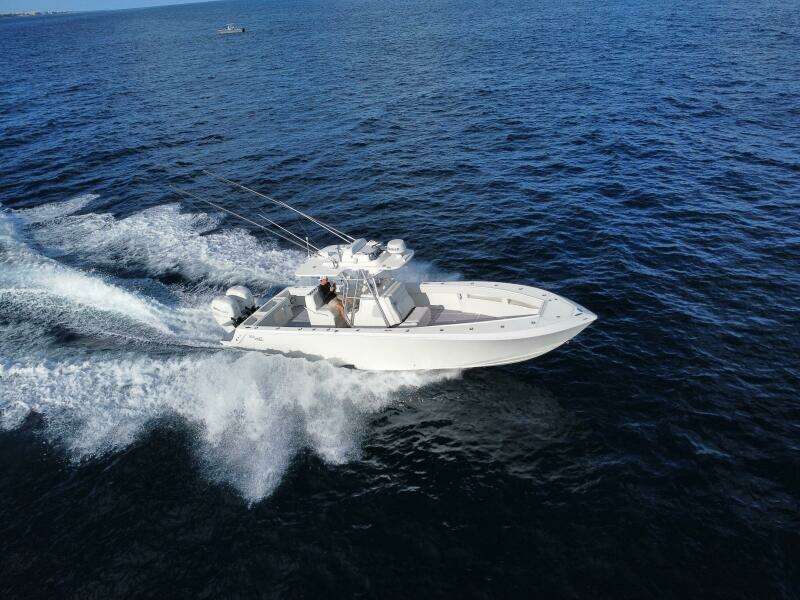 2017 SeaVee 340Z boat cruising on open ocean waters.