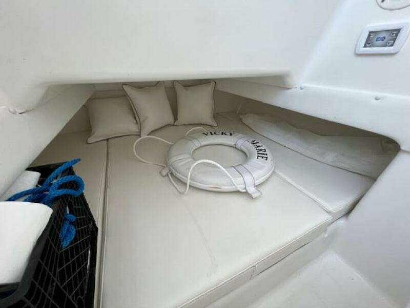 2020 SeaHunter 39 Tournament cabin interior with cushions and life preserver.