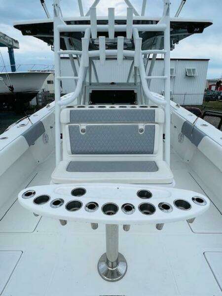 2020 SeaHunter 39 Tournament boat interior with rod holders and seating.