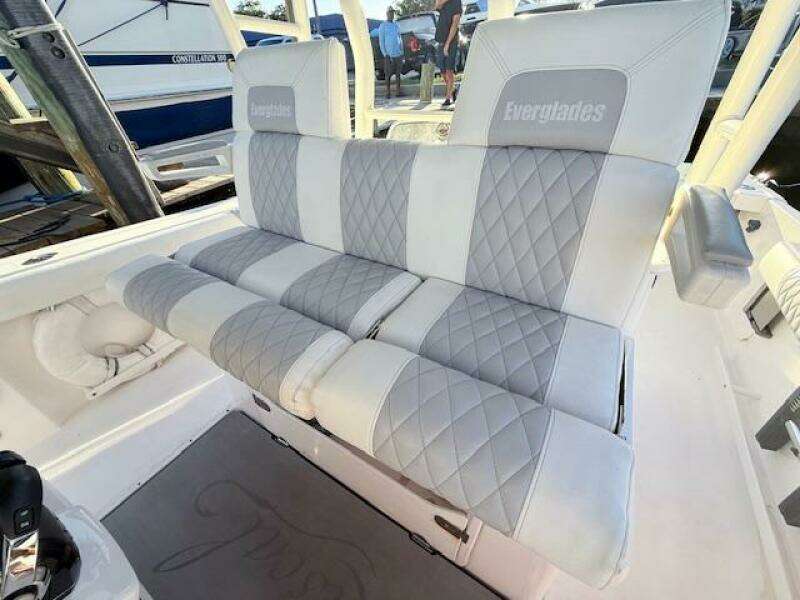 2014 Everglades 355 Center Console boat seating with quilted upholstery.