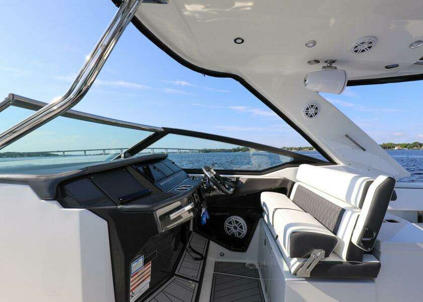 2023 Monterey 385 Super Sport boat interior with sleek design and modern controls.