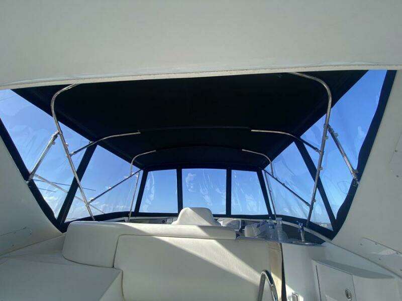 Interior view of 2000 Carver 396 Motor Yacht with blue sky background.