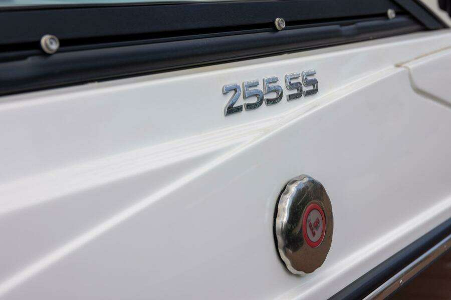 2023 Monterey 255 Super Sport boat exterior with model emblem and fuel cap.