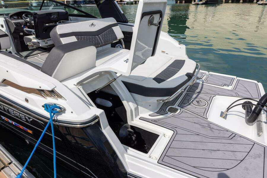 2023 Monterey 255 Super Sport boat interior with sleek seating and modern design.