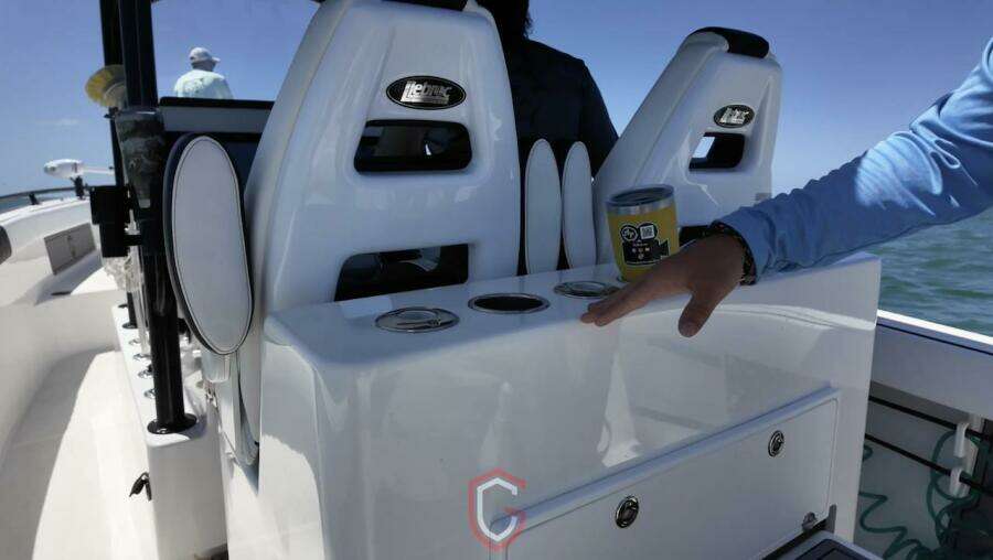 2023 CG Boat Works 35 M-Series interior with seating and cup holders.