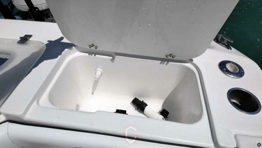Open storage compartment on 2023 CG Boat Works 35 M-Series.