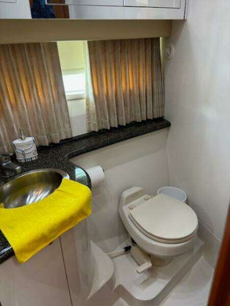 2006 Carver 43 Motor Yacht bathroom with sink, toilet, and window with curtains.