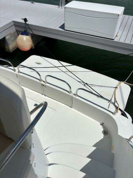 2006 Carver 43 Motor Yacht docked, showing deck and railing details.