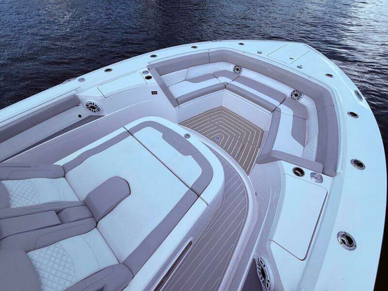 Luxurious seating on 2024 Scout 400 LXF boat, featuring elegant design and spacious layout.