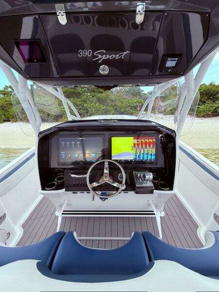 2022 Nor-Tech 390 Sport Center Console boat interior with advanced navigation system.