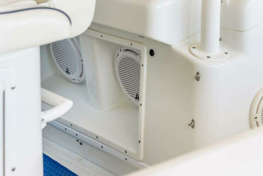 2015 Yellowfin 39 boat interior with built-in speakers and white seating.