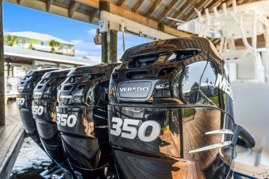 Four powerful Verado 350 outboard engines on a 2015 Yellowfin 39 boat.