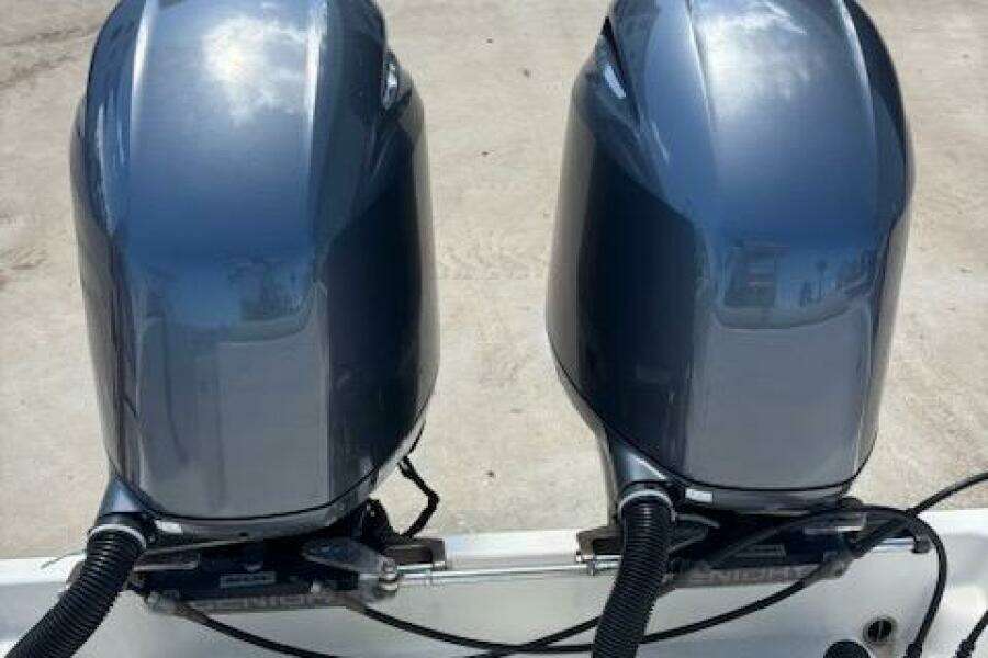 Twin outboard motors on a 2018 Century 2600 Center Console boat.