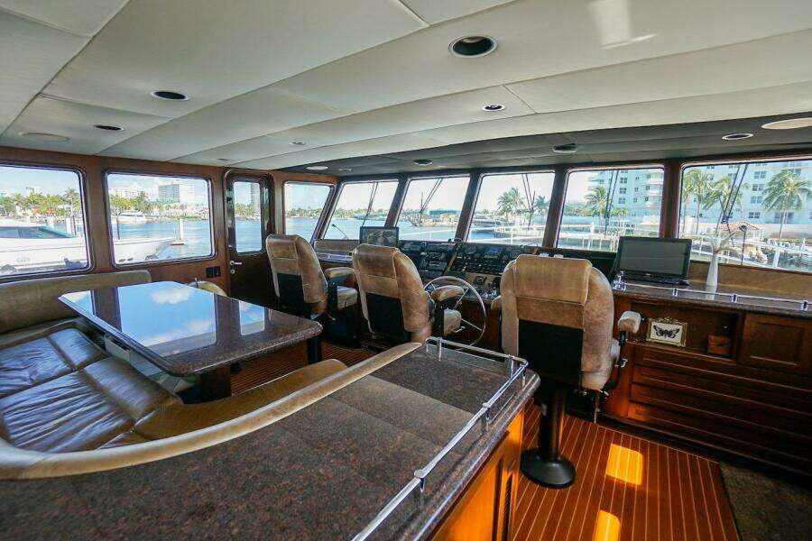 Bridge of 1996 ABD 90 Explorer yacht with navigation equipment and panoramic windows.