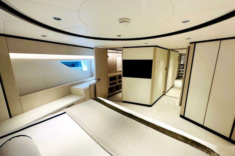 Luxurious interior of 2023 Majesty 120 yacht, featuring modern design and elegant furnishings.