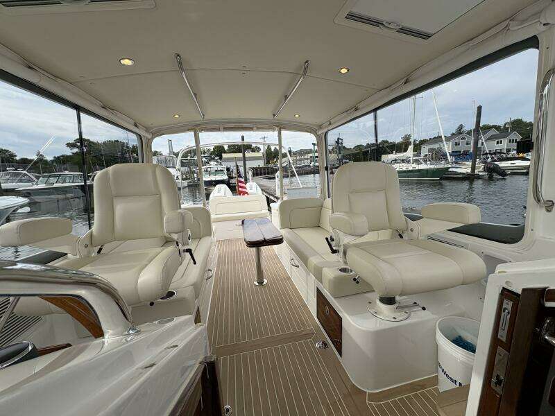 2023 MJM 35 helm seating looking aftward