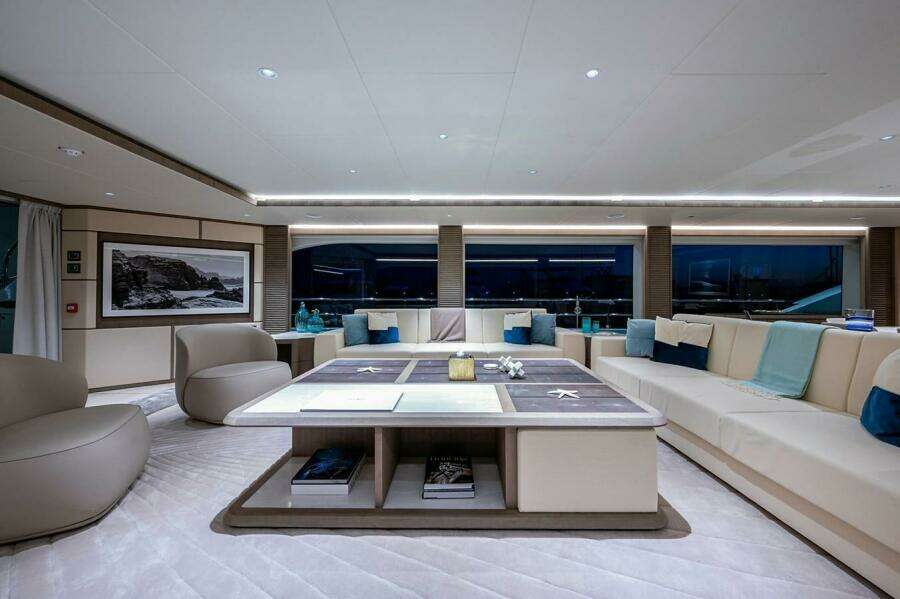 Luxurious interior of 2020 Majesty 140 yacht with elegant seating and modern decor.