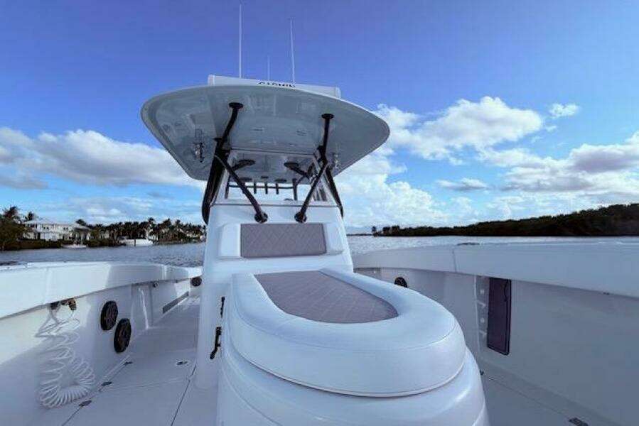 2019 Freeman 34 boat with sleek design, spacious deck, and clear blue sky backdrop.