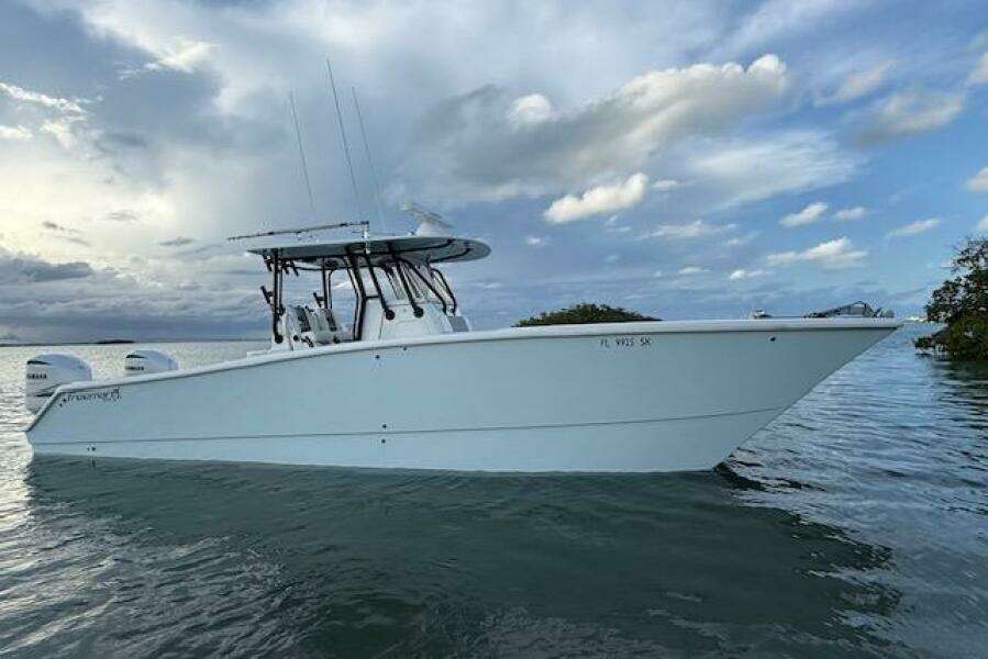 2019 Freeman 34 boat on calm water under cloudy sky.