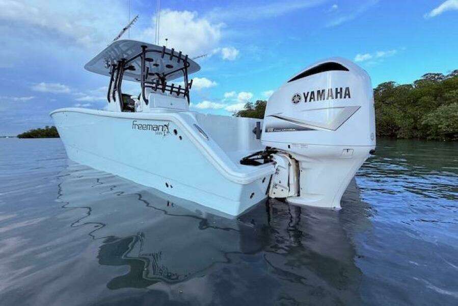2019 Freeman 34 boat with Yamaha engine on calm water.