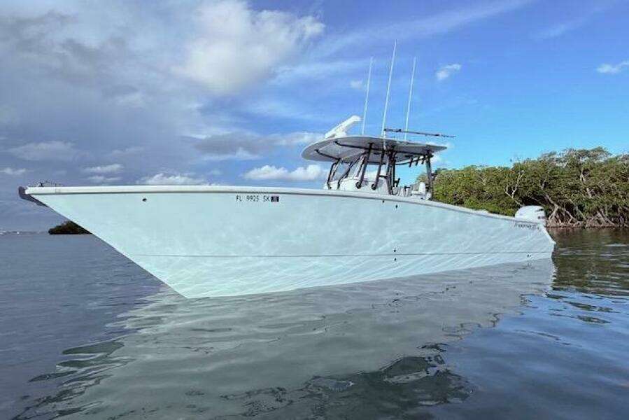 2019 Freeman 34 boat on calm water, clear sky, and lush greenery in the background.