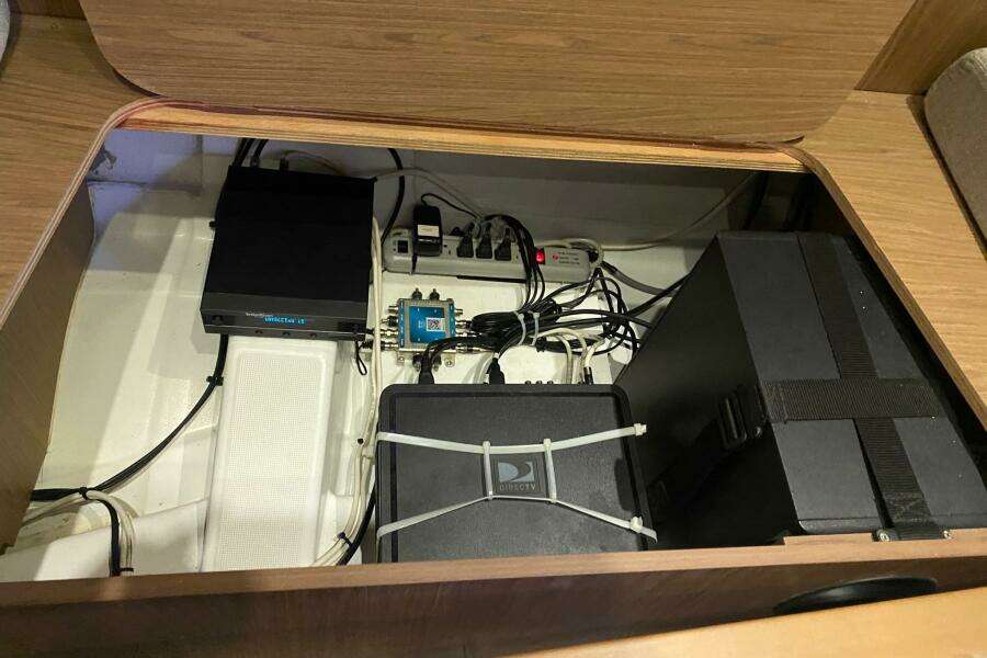 Electrical components inside a 2014 Beneteau Gran Turismo 44 yacht compartment.
