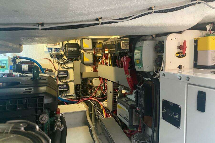 Engine room of 2014 Beneteau Gran Turismo 44 with electrical systems and components.