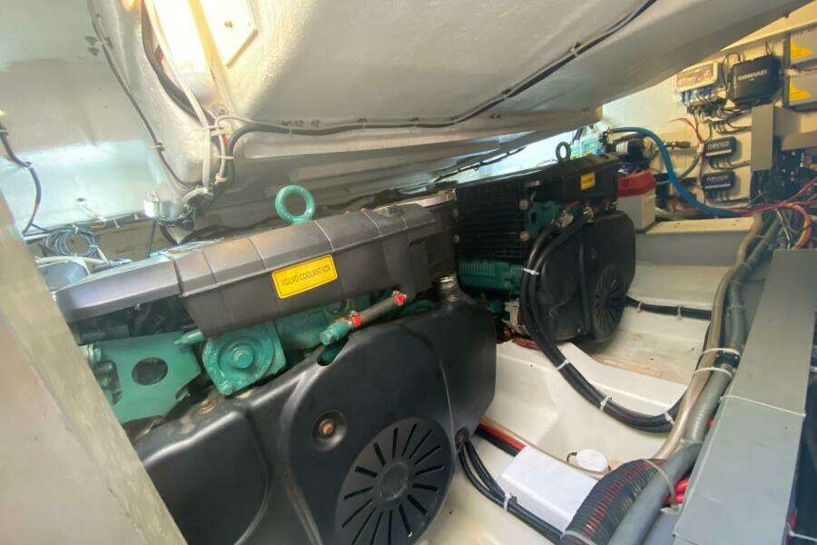 Engine room of 2014 Beneteau Gran Turismo 44 with Volvo engines and wiring.