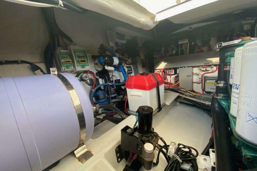 Engine room of 2014 Beneteau Gran Turismo 44 with various mechanical components.