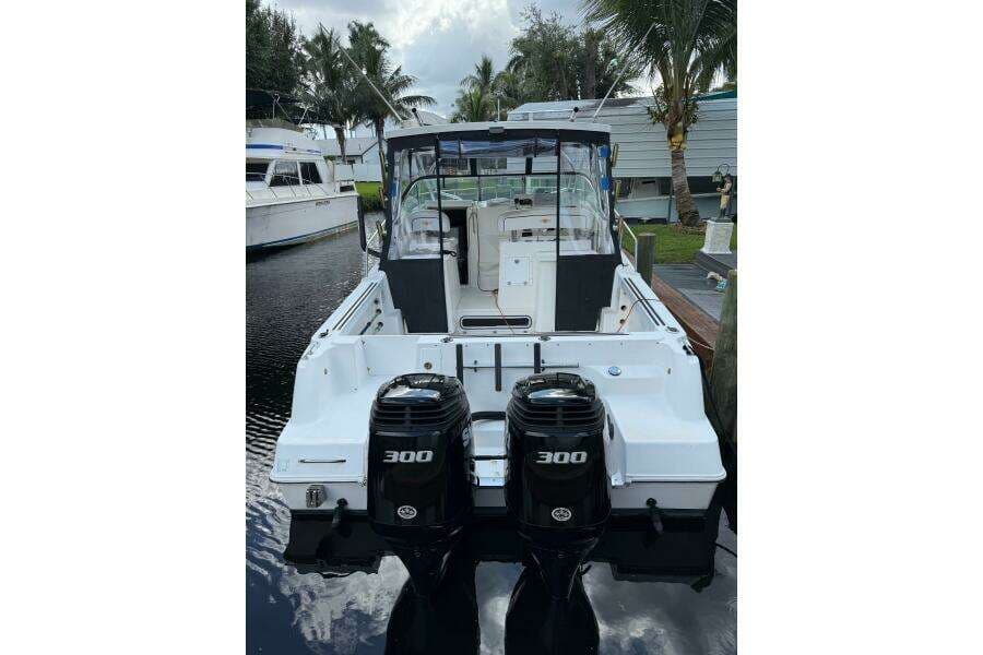 2002 Wellcraft 290 Coastal boat with dual 300 horsepower engines docked by palm trees.